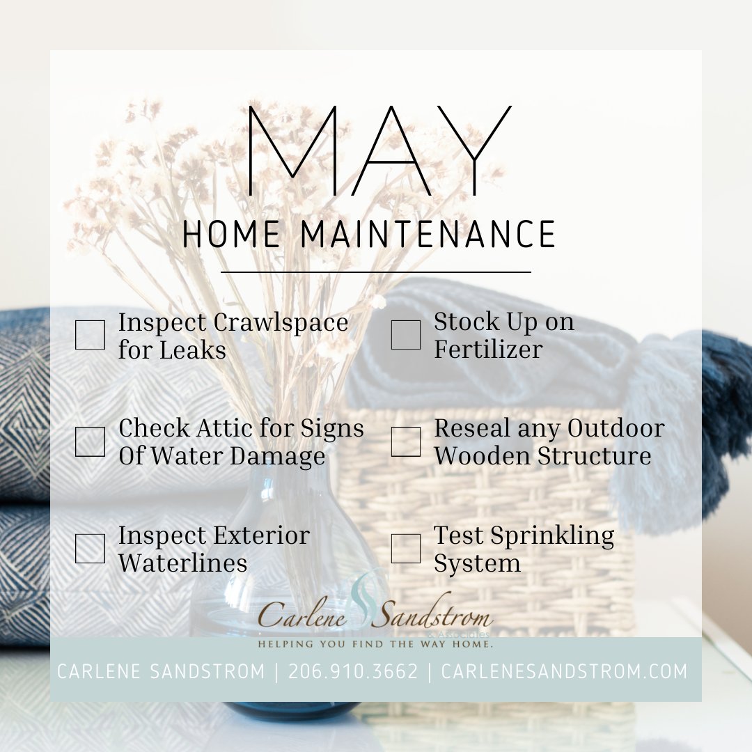 Home Maintenance - May
.
.
.
.
#CarleneSandstrom #LiveInKirkland #Windermere #Eastside #RealEstate #WindermereYarrowbay #KirklandRealEstate #AllInForYou #WeAreWindermere