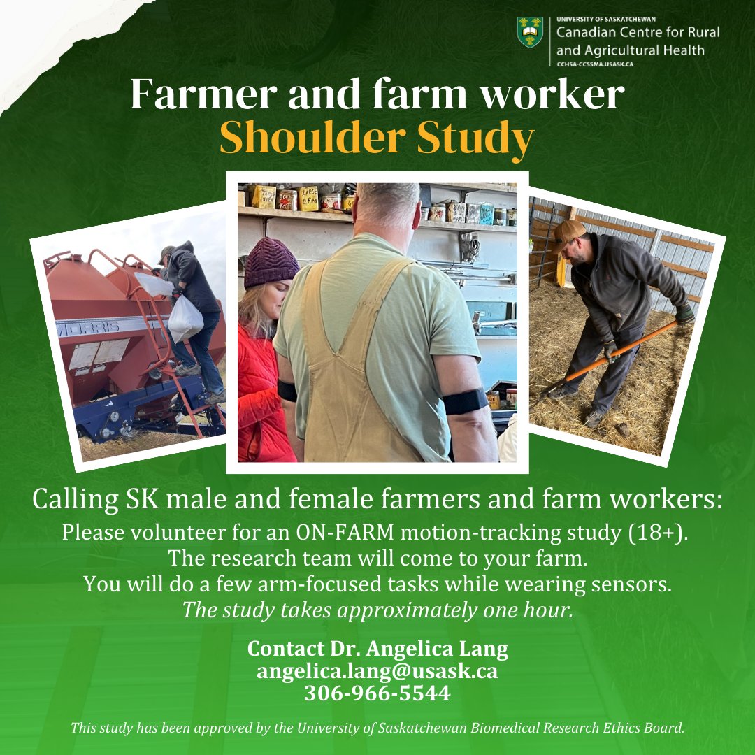 USaskCCRAH's tweet photo. Are you a farmer or farm worker and live in Saskatchewan? Our Centre is looking for volunteers (male and female 18+) to participate in an ON-FARM upper body motion-tracking study. One hour commitment, right at your farm. To volunteer, contact Dr. Angelica Lang. https://t.co/LewaPKY1AD