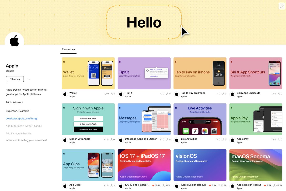 🙌 We've added a 9 new design templates for Figma: Apple Pay, App Clips, Live Activities, iMessage apps and sticker packs, Sign in with Apple, App Shortcuts, Tap to Pay, Tip Kit, and Wallet! figma.com/@apple For all Apple Design Resources, go here! developer.apple.com/design/resourc…