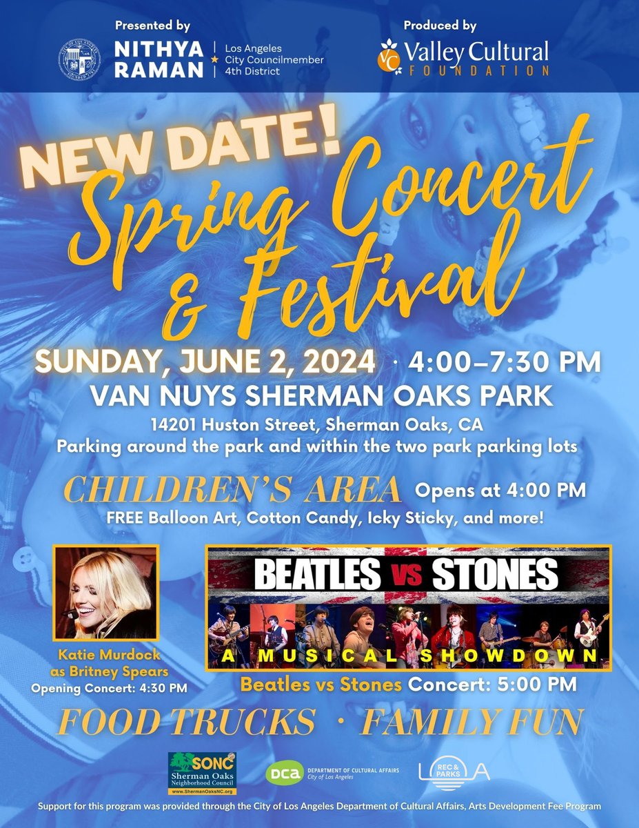 Spring Concert and Festival at Van Nuys Sherman Oaks Park! Happening Sunday June 2, 2024 from 4:00-7:30pm. Hope to see you all there! 🎤☀️

#lacityparks #parkproudla #everythingunderthesun
