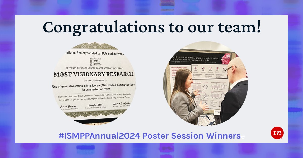 🎈 Congrats to our team at #ISMPPAnnual2024! 'Most Visionary Research Award' for our poster abstract USE OF GENERATIVE AI IN MEDICAL COMMUNICATIONS FOR SUMMARIZATION TASKS. 

Get your copy of our poster:
info@rednucleus.com or rednucleus.com/contact-us?utm…
🧠🔴
#AI #medcomms