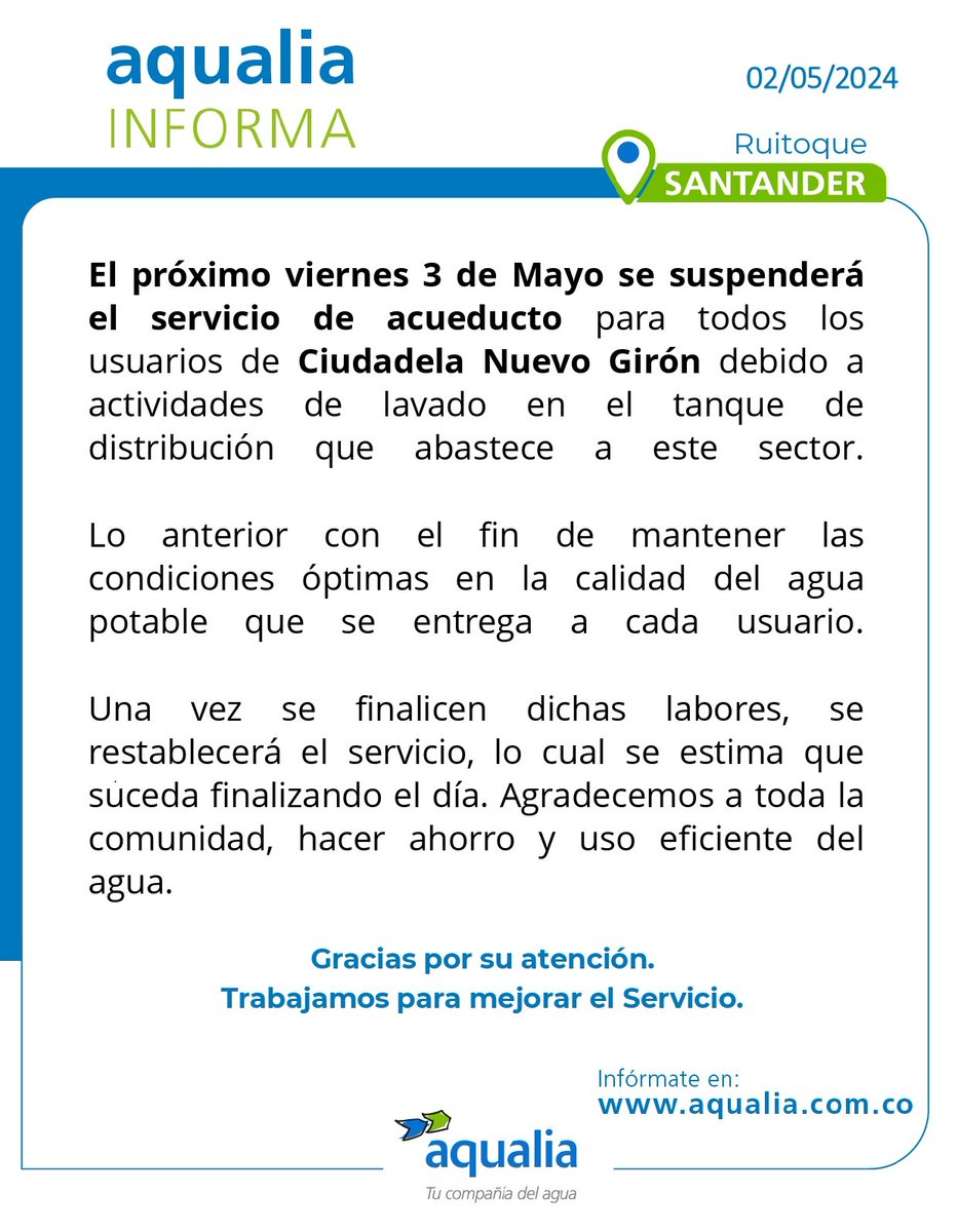 #AqualiaCol_Informa 🇨🇴 | 2 de mayo #Santander 📣 Infórmate aquí con nuestro último aviso.

#AqualiaColombia