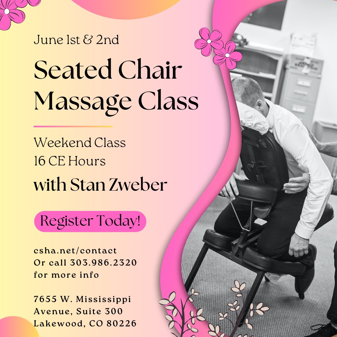 Unlock the secrets of Seated Chair Massage in just 16 hours! Our comprehensive course covers body mechanics, injury prevention, marketing tips, and more. Perfect for all skill levels. Next class: 06/01/2024 – 06/02/2024. Enroll today!

#continuingeducation #massageschool