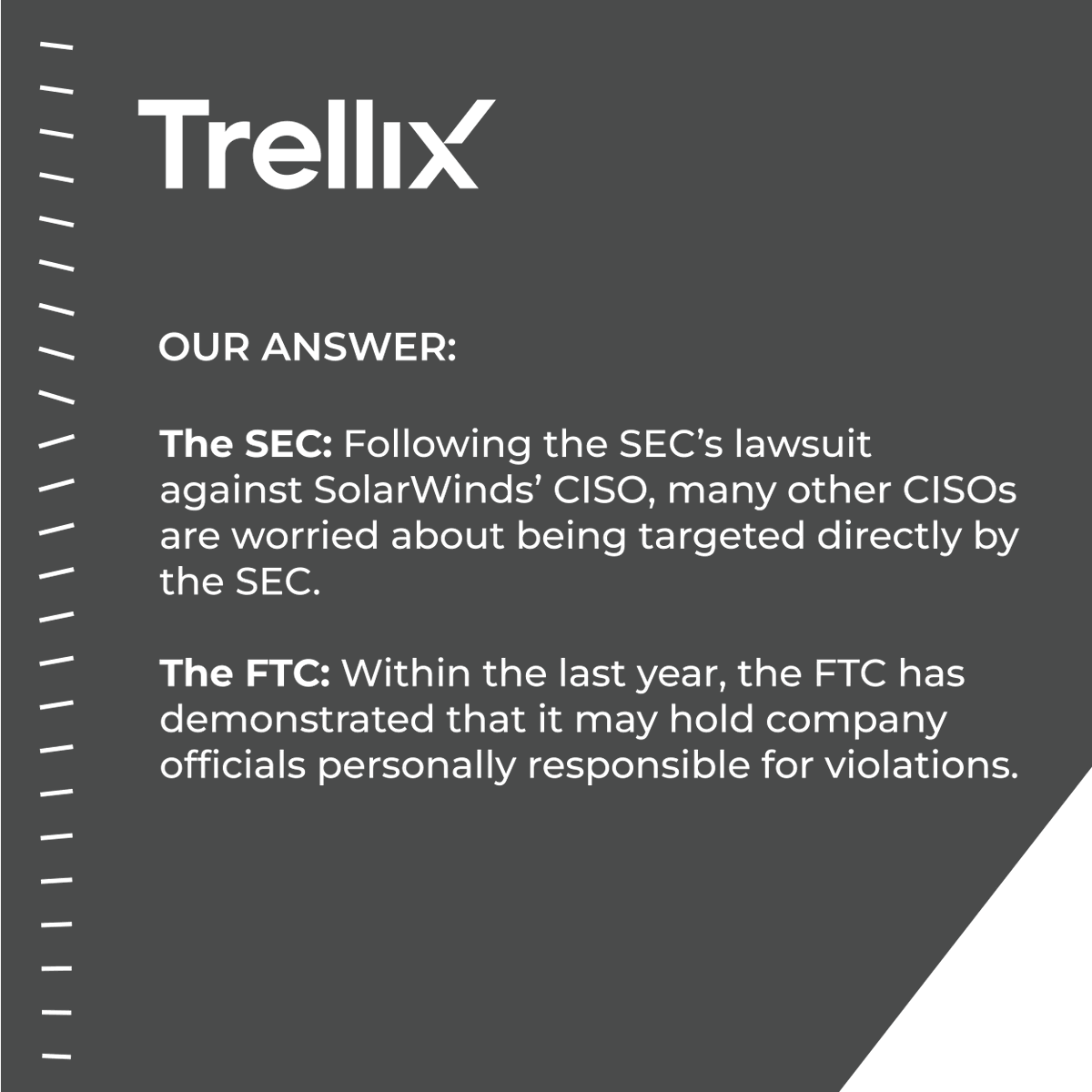 Regulatory agencies can hold officials personally responsible for violations in the aftermath of a cyberattack — understand how you and your org may be impacted. Check out Trellix risk and compliance services to learn more. bit.ly/3vIcBAG