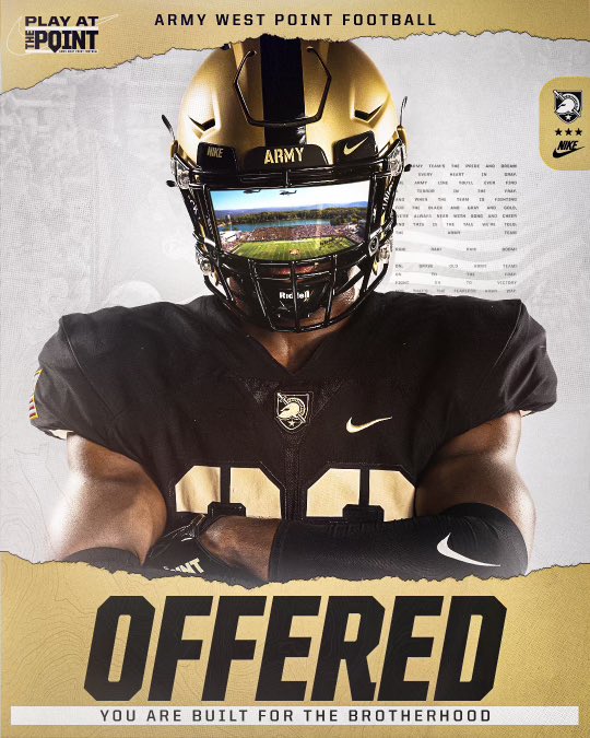 #AGTG I am extremely grateful to have received my 5th D1 offer from @ArmyWP_Football! @CoachASmith3 @CoachVLunsford @coach_cg @CoachAj_ @CoachAjwash__ @On3Recruits @MohrRecruiting @BrianDohn247 @RivalsFriedman @CoachDboggan