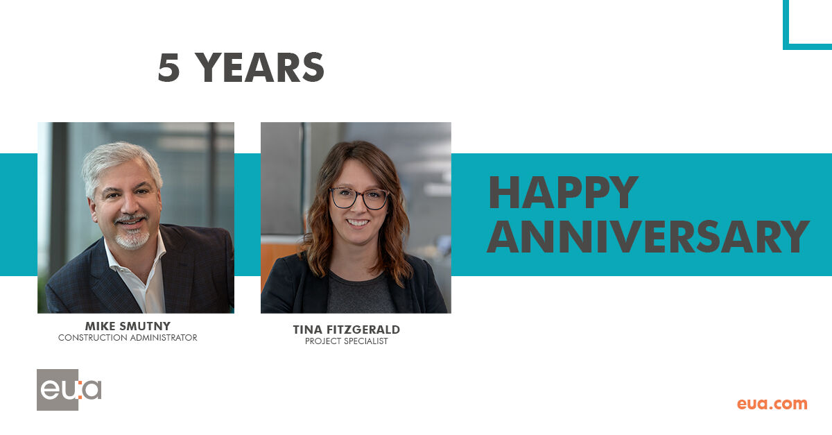 Celebrating five years with Mike Smutny + Tina Fitzgerald! Thank you for your dedication and talent, which shape the success of EUA every day. Here's to many more milestones together!