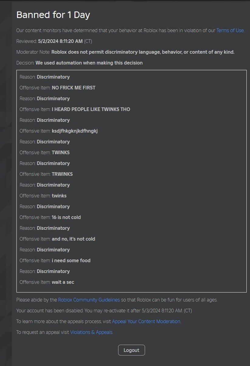 ArtyAbel's tweet image. apparently roblox thinks that &apos;Twink&apos; is a slur..

#roblox #robloxban #robloxmoderation #moderation #ban