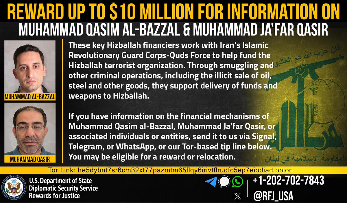 @USTreasurysanctions Hizballah financiers: home.treasury.gov/news/press-rel… RFJ offers rewards for information leading to the disruption of Hizballah financiers and their funding mechanisms. Send us a tip.