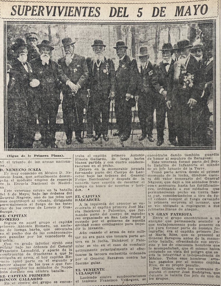 En 1919, nueve veteranos se congregaron al pie del mausoleo de Zaragoza. Estos hombres habían sido parte de la Batalla del 5 de mayo, también conocida como la Batalla de Puebla.
#PrimerasPlanas
@Excelsior, 6 de mayo de 1919, Biblioteca-Hemeroteca Ignacio Cubas.