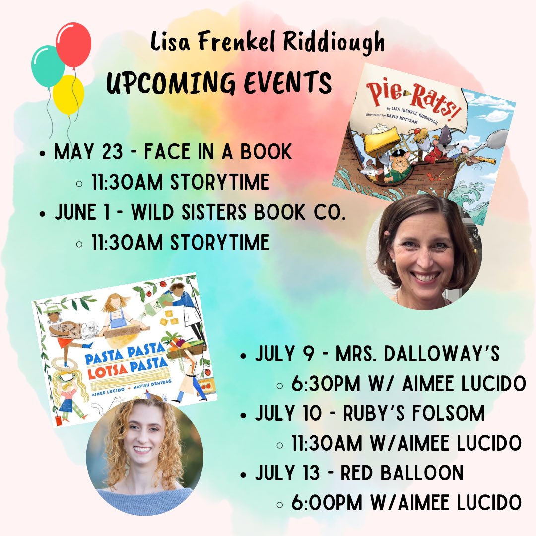 Mark your calendar!!! PIE-RATS! Storytime AND book launch events for PASTA PASTA LOTSA PASTA with the brilliant @AimeeLucido 🥧🐀 + 🍝 = 📚🥳💖