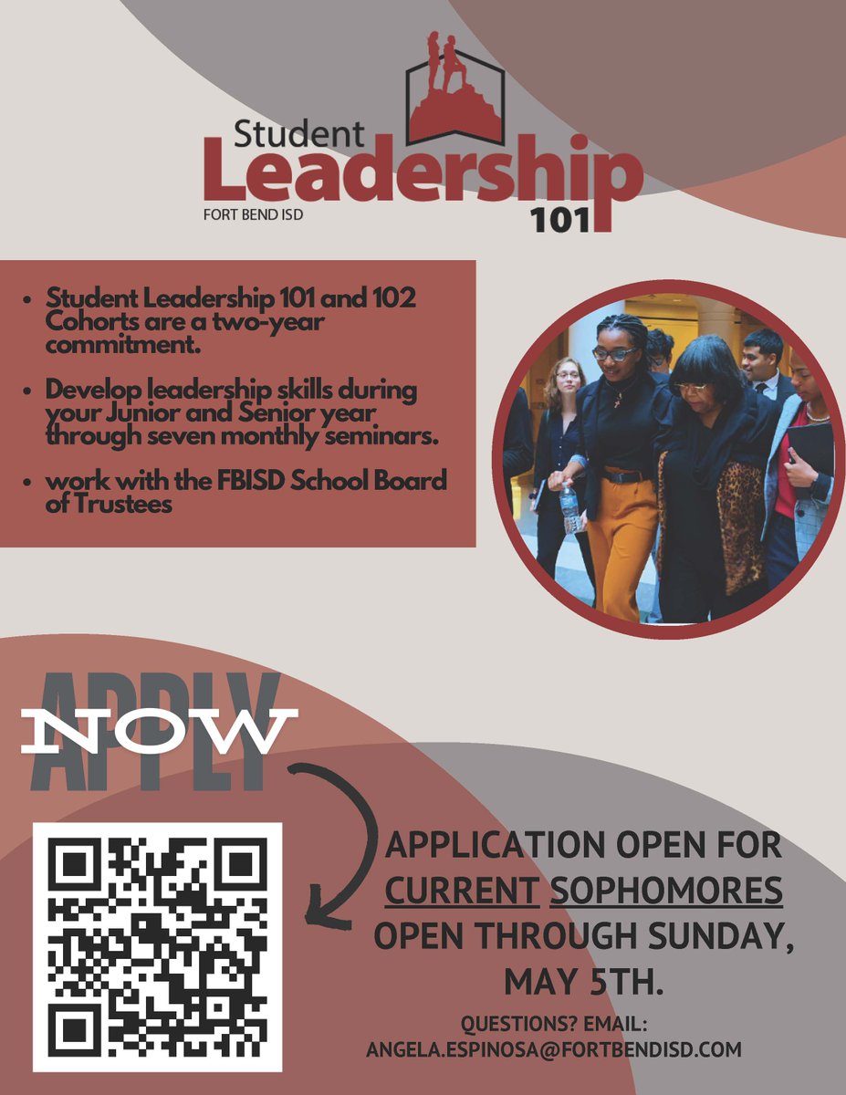 Attention Sophomores! The @FortBendISD Student Leadership 101/102 - is a two-year commitment and works with the Board of Trustees and leaders within the FB community. It is open to current Sophomores. Sophomores can apply online at studentleadership.fortbendisd.com. @FBISDWholeChild