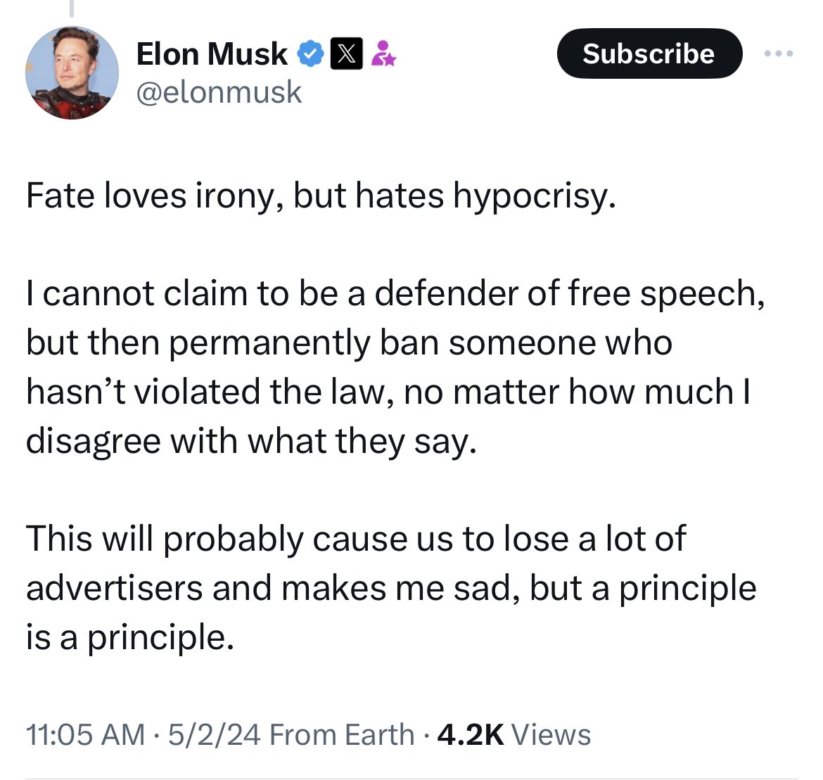 Elon says he thinks he will lose advertisers over this.