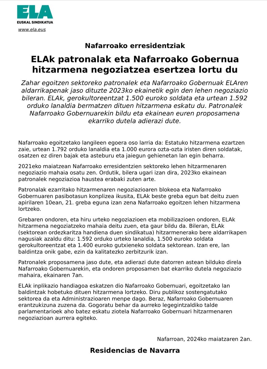 ELA consigue sentar a las patronales y al Gobierno de Navarra para negociar el convenio. Ya se verá el resultado.