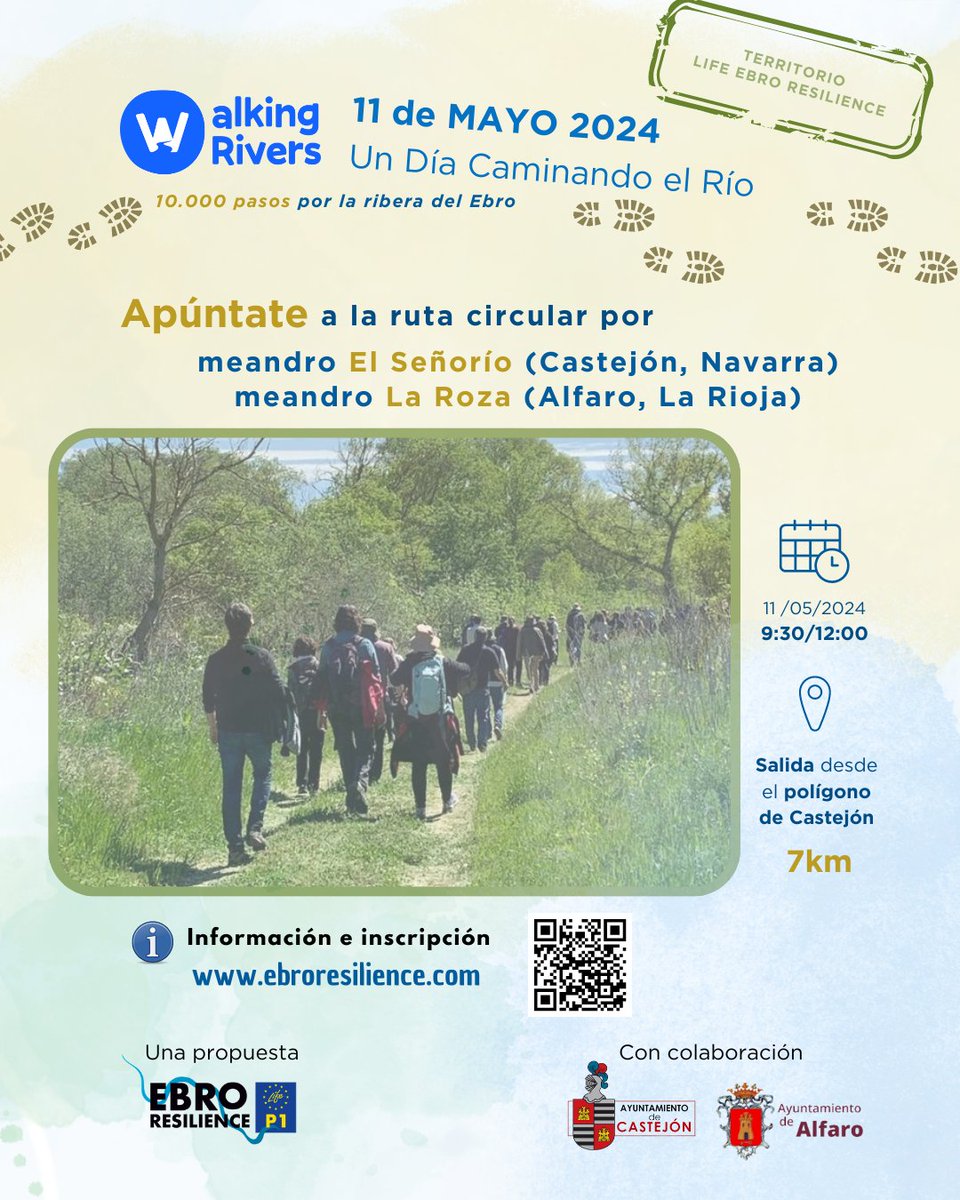 Nos sumamos a #WalkingRivers 'Un día paseando ríos' y salimos de ruta por el #Ebro. 
#LIFEEbroResilienceP1, con colaboración @AytoAlfaro y @ayto_castejon, invita el 11/05 a la ruta👩‍🦯 entre los meandros El Señorío #Castejón y La Roza #Alfaro
¡Apúntate! 🖱ow.ly/5BoH50RnStz