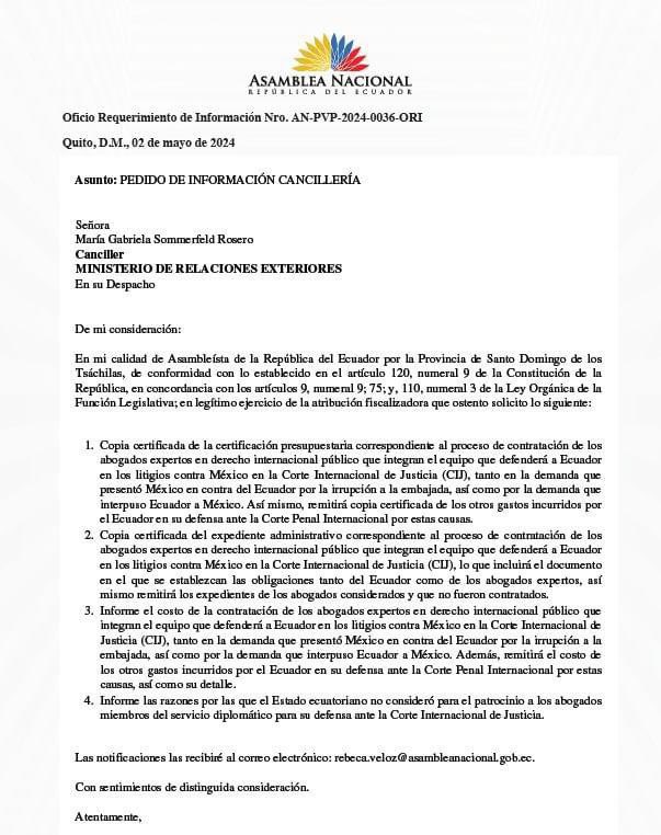 ‼️#URGENTE Asambleísta @VivianaVeloz18 envío solicitudes de información a la canciller Gabriela Sommerfeld y al procurador Juan Carlos Larrea para que aclaren los gastos incurridos por el Ecuador para la defensa ante la Corte Internacional de Justicia.