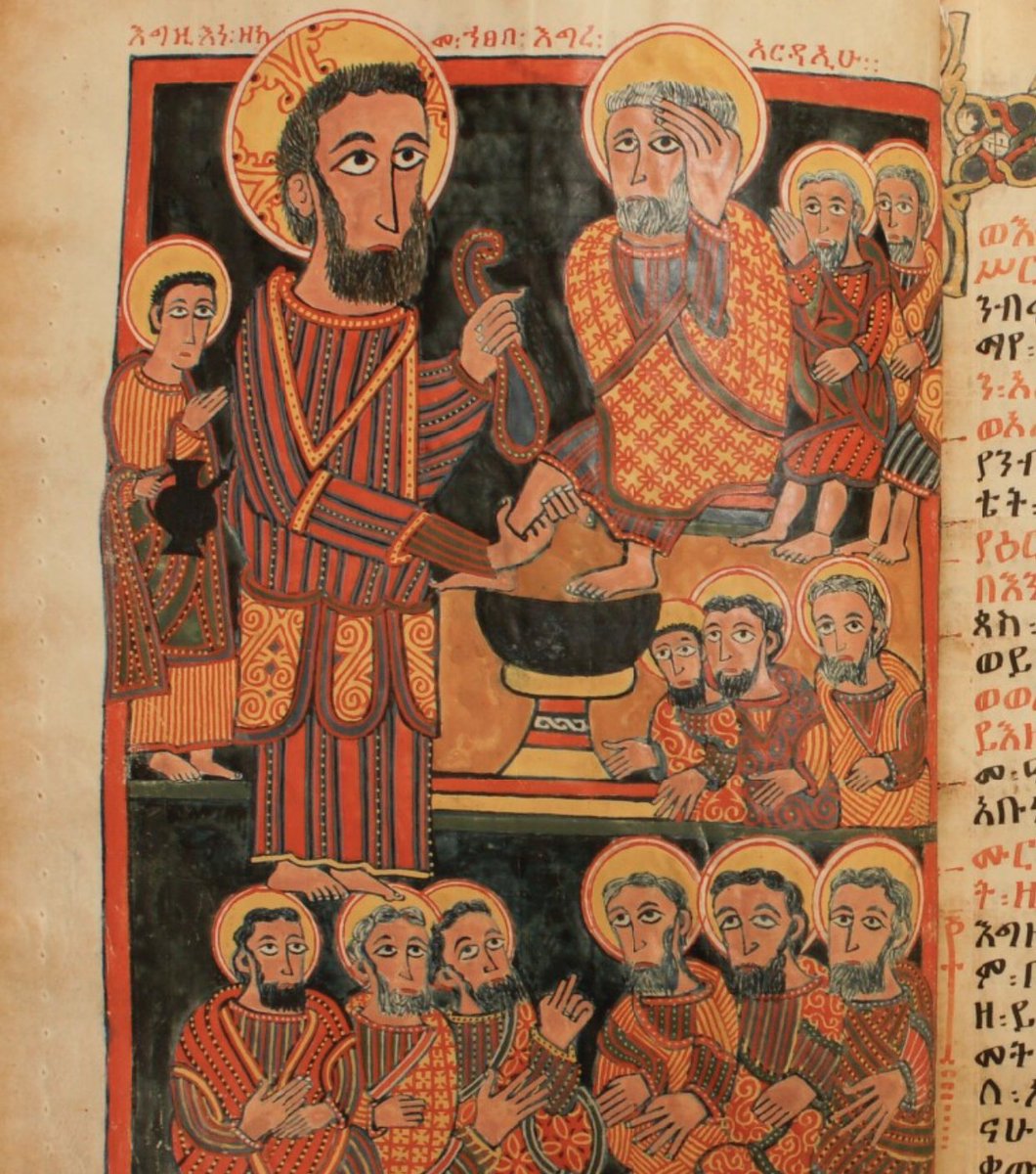 An Ethiopian-Eritrean chant for Maundy Thursday, celebrated today:

'He surrounded his Apostles,
He washed the feet of his Disciples,
He became a father and a mother to them,
and taught them wisdom!'

Ethiopia, 15th c.   #JesusChrist #maundythursday #somadeggwa #africanart