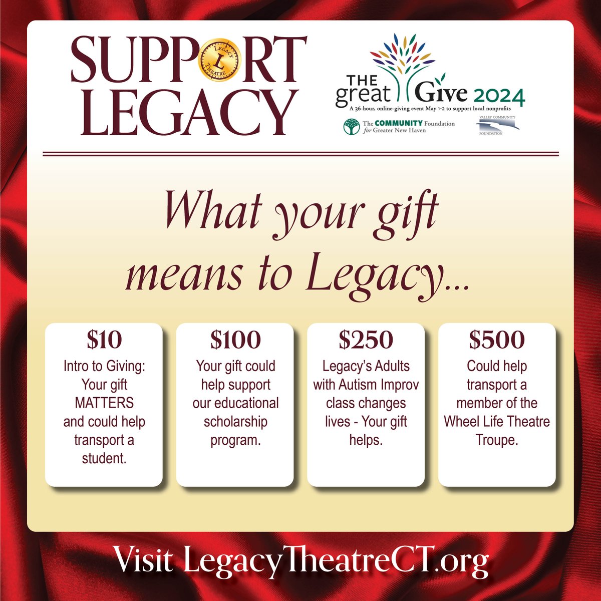 Your gift means so much to Legacy! The Great Give continues until 8pm tonight!

legacytheatrect.org/greatgive

#legacytheatrect #thegreatgive #givelocal #branfordct #stonycreekct #newhavenct #greatgive2024 #supportlivetheatre