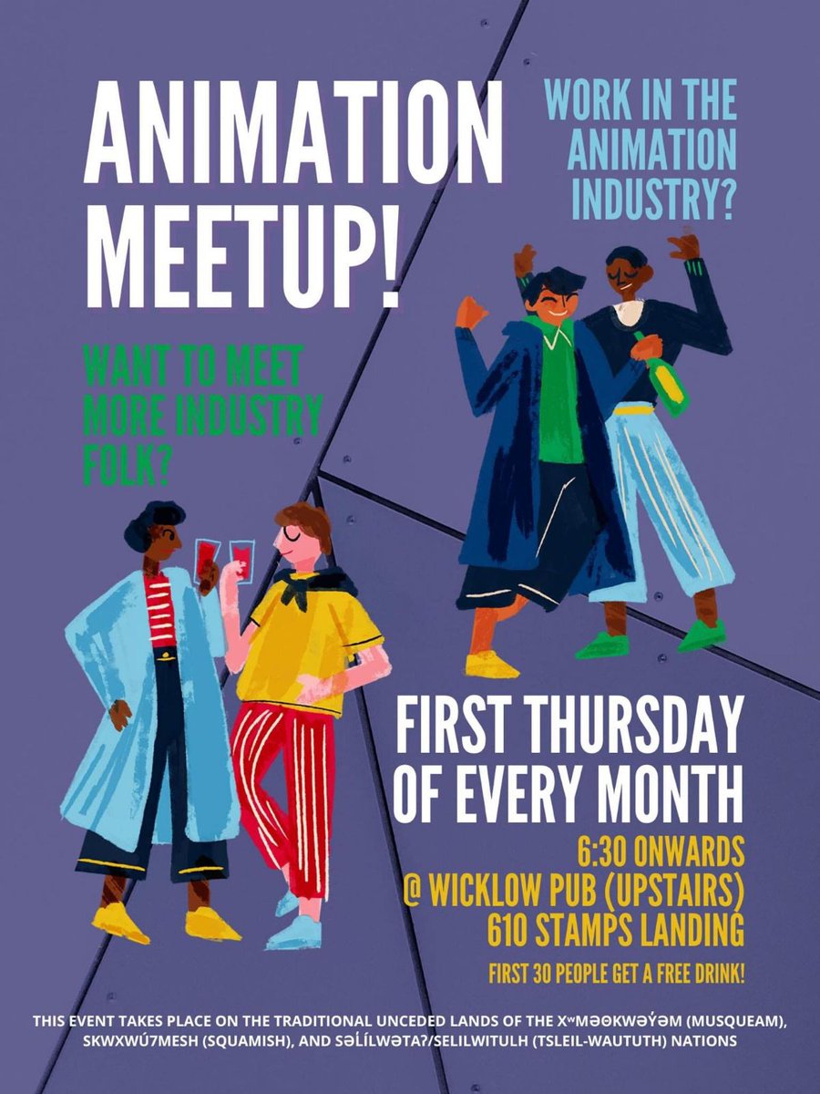 Reminder of our monthly Animation Meetup TONIGHT at The Wicklow Pub! Come meet your peers, talk to old colleagues, and share a beer with fellow artists! Free drinks for the first 30 arrivals!