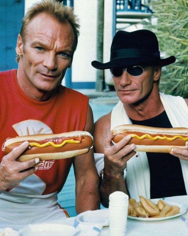 MESSAGE IN A HOT DOG
Rock icon Sting and his twin enjoy a couple large hot dogs poolside in Barbados.