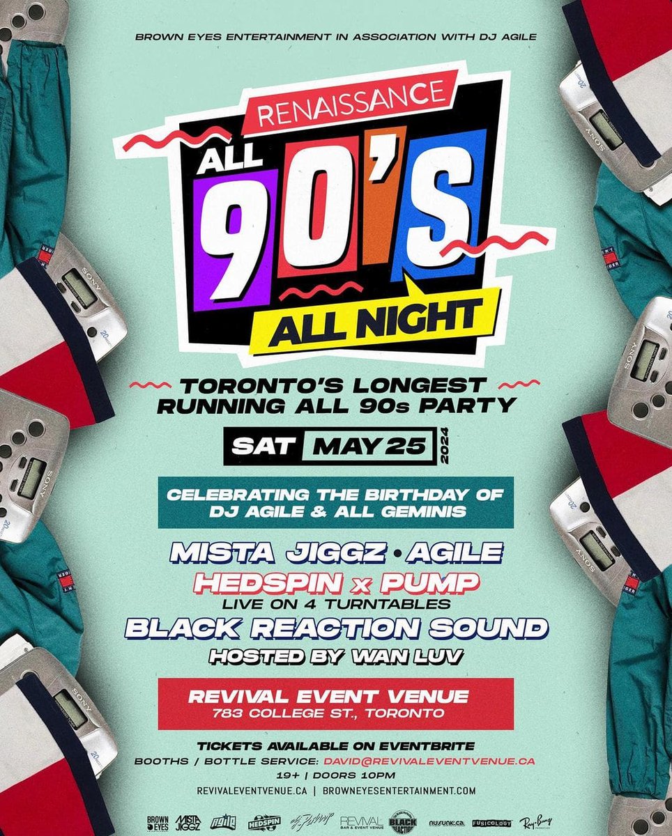 Jay NuFunk (@nufunk) on Twitter photo 🎶#RenaissanceAll90s #Toronto's longest-running all 90's Party at <a href="/RevivalBarEvent/">Revival Event Venue</a> is back Sat May 25th
with an incredible line-up: <a href="/HEDSPIN/">Heds Up</a> x <a href="/DJPUMP/">gerry homeslice</a> (on 4 Turntables) #BlackReactionSound <a href="/MistaJiggz/">Mista Jiggz</a> plus the 🥳 birthday of @DJAgile & all Geminis!
Tix: RenaissanceAll90s.eventbrite.ca 🎶#RenaissanceAll90s #Toronto's longest-running all 90's Party at <a href="/RevivalBarEvent/">Revival Event Venue</a> is back Sat May 25th
with an incredible line-up: <a href="/HEDSPIN/">Heds Up</a> x <a href="/DJPUMP/">gerry homeslice</a> (on 4 Turntables) #BlackReactionSound <a href="/MistaJiggz/">Mista Jiggz</a> plus the 🥳 birthday of @DJAgile & all Geminis!
Tix: RenaissanceAll90s.eventbrite.ca