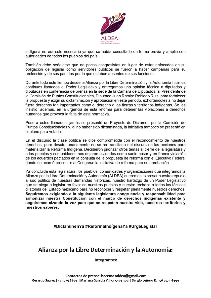 #BoletínDePrensa 
ALDEA seguirá exigiendo a la @Mx_Diputados  saldar la deuda histórica que tiene con nuestros pueblos originarios. #ReformaIndigenaYa