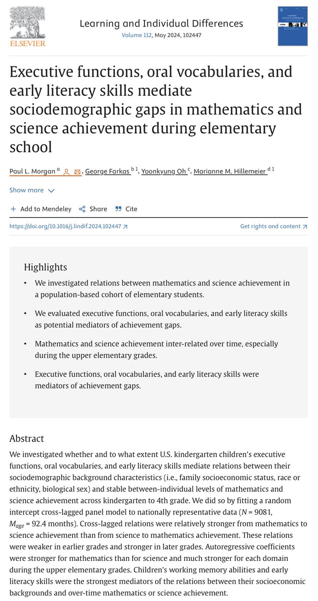 Our study on cross-lagged relations between #math and #science achievement during elementary school as well as whether oral vocabulary, executive functions, and literacy skills mediate achievement gaps is now available in @LID_Journal. Open-access link: authors.elsevier.com/a/1j0-q3irP4H0…
