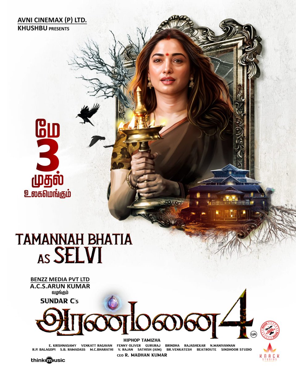 Feel the icy grip of fear when she is near🥶 Gorgeous @tamannaahspeaks as #Selvi in #Aranmanai4🏚️💥 #Aranmanai4FromTomorrow, in cinemas near you🍿 Book your tickets now🎟 linktr.ee/Aranmanai4 A #SundarC Entertainer A @hiphoptamizha musical🎶 @khushsundar @AvniCinemax…