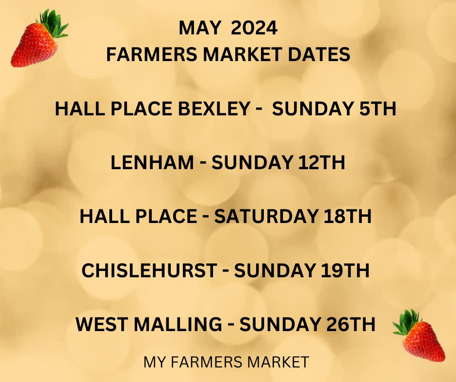 Here are the dates of the farmers markets for May: 

Sun 5 - Hall Place #Bexley Farmers Market 10 - 2

Sun 12 - #Lenham Country Market 9 - 1

Sat 18 - Hall Place Bexley Sat 10 - 2

Sun 19 - #Chislehurst  10 til 2

Sun 26 May - #WestMalling  9.30 til 1.30