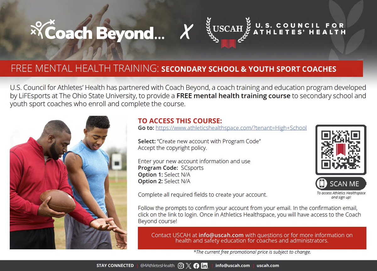 Mental Health Awareness Month is a great time to offer mental health training to your coaches, athletes, parents, and more. See below for ℹ️ on how to enroll in a 🆓 mental health training course! uscah.info/4b1ZFoQ #ForAthletesHealth