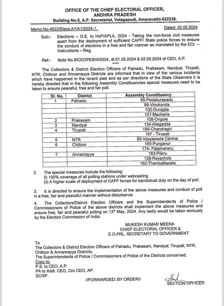 EC Announced 14 constituencies In AP which will have 100% webcasting and CRPF forces will land in huge numbers in view of recent events.

The below constituencies are directed to take special measures to ensure fair election.