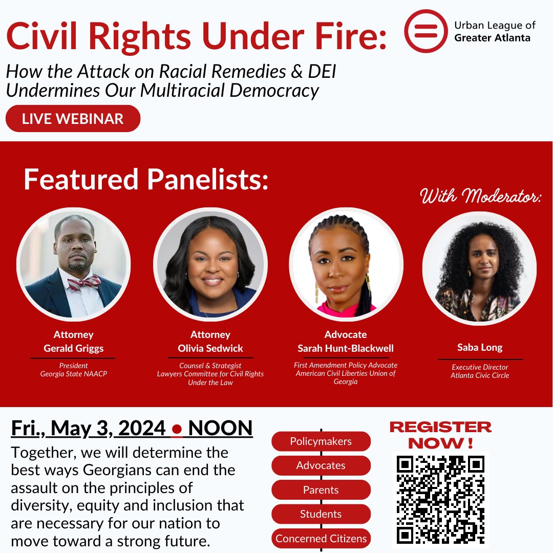 Our First Amendment Policy Advocate Sarah Hunt-Blackwell will be a featured panelist on @ulgatl’s webinar TOMORROW about the best ways Georgians can end the assault on the principles of diversity, equity, and inclusion (DEI). Register ASAP: bit.ly/3xWtHeW