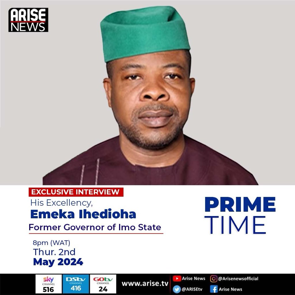 Former Governor of Imo state, @EmekaIhedioha will be on @ARISEtv by 8 pm. Please tune in.