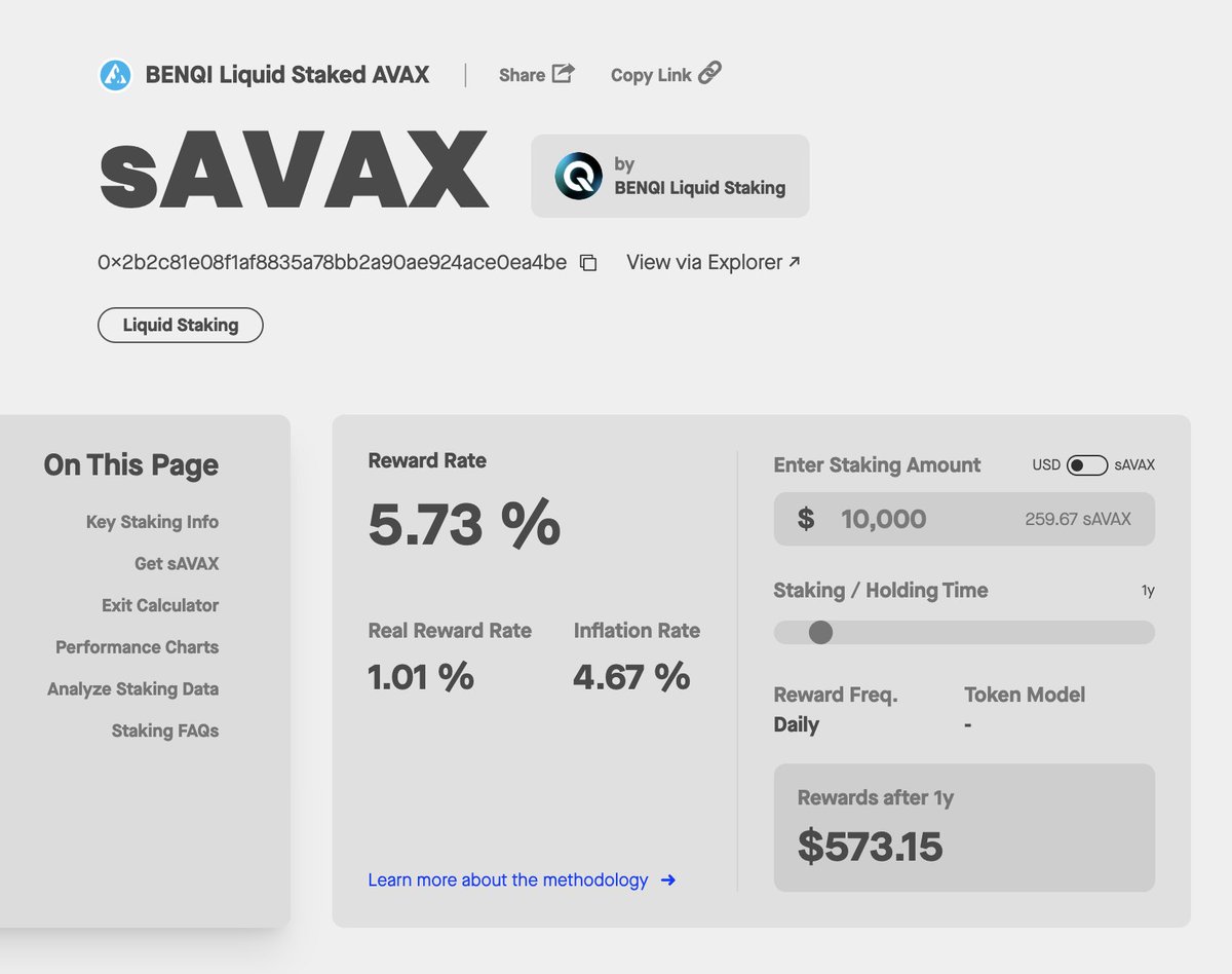 NEW integration: $sAVAX 🔺🚀 ❯ Reward Rate = 5.73% ❯ Peg Accuracy = 99.7% ❯ Market Cap = $251.75m Calculate your rewards over time, track peg accuracy & find the best rate to swap (via @odosprotocol) or stake (via @BenqiFinance) Take a look ↓ stakingrewards.com/asset/benqi-li…