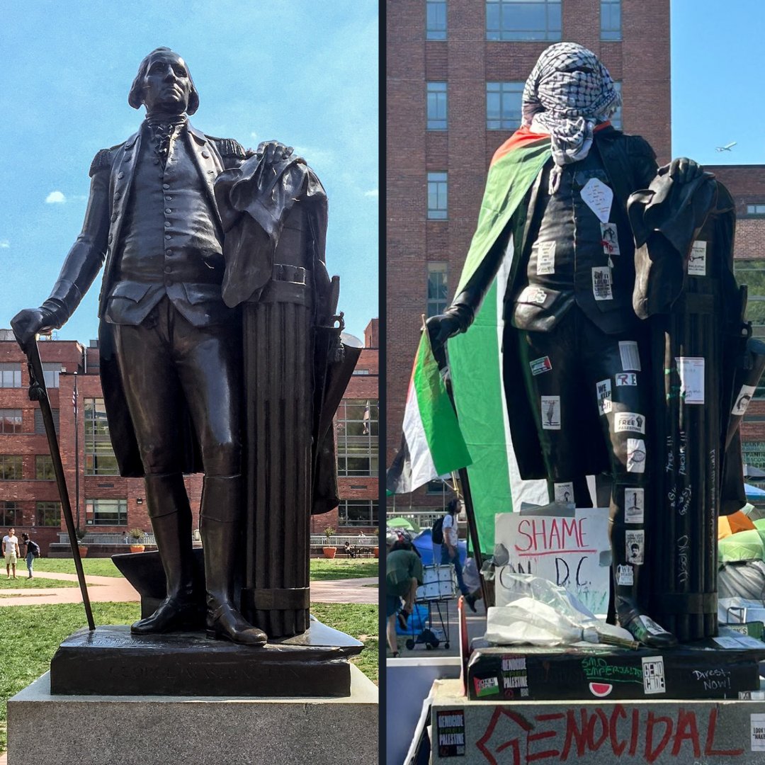 This is what protesters have done to the statue of our first president on George Washington University's campus.   

These protests aren't just antisemitic — they are blatantly anti-American.