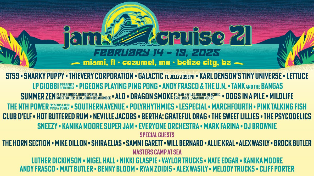 The Jam Cruise 21 lineup is here! Join us for 5 nights of jams from Cozumel, Mexico to Belize City with the best crew at sea. Lifers, fresh faces, and one-of-a-kind supergroups! Calling all Jam Cruisers... who's ready to put the FUN in funk? 🗣️📣