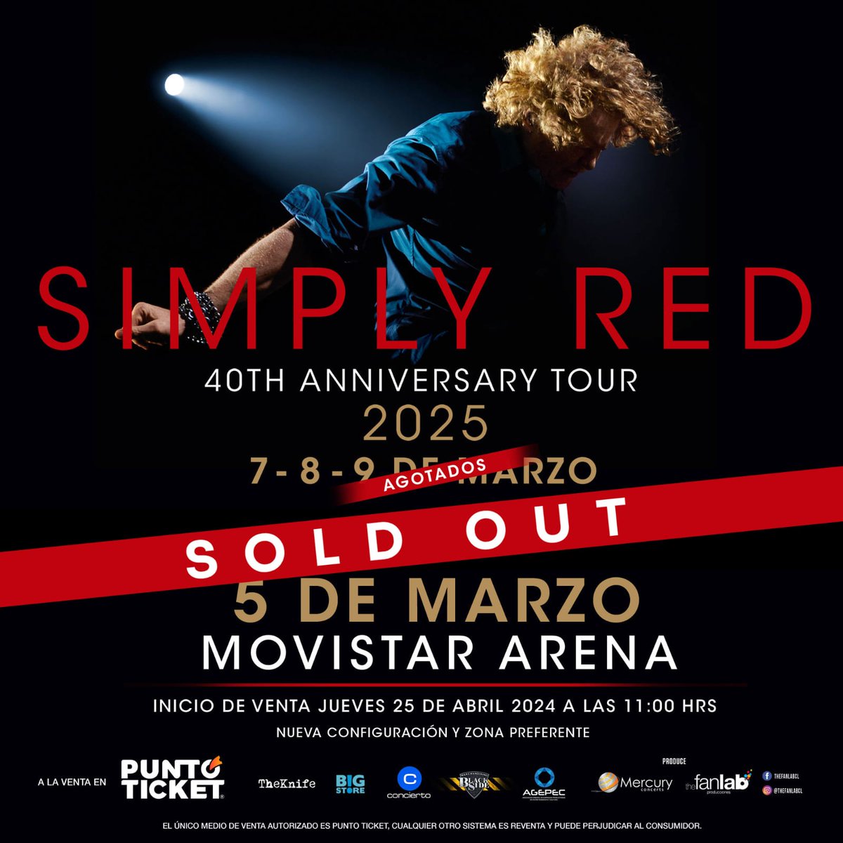 Esto es increíble 😱 @SimplyRedHQ agota su 4° concierto consecutivo en Chile! Nos vemos el 5, 7, 8 y 9 de Marzo en @movistararena, un sueño hecho realidad! #simplyred #simplyredmusic #simplyredchile #simplyredheads #mercuryconcerts #thefanlab