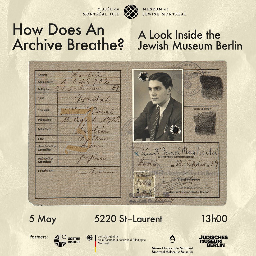 Ce dimanche, 5 mai – Musée du Montréal juif Venez découvrir le Musée juif de Berlin @jmberlin lors de la conférence 'How Does an Archive Breathe? A Look Inside the Jewish Museum Berlin' par l’archiviste en chef du Musée, Aubrey Pomerance. RSVP jlive.app/events/7865