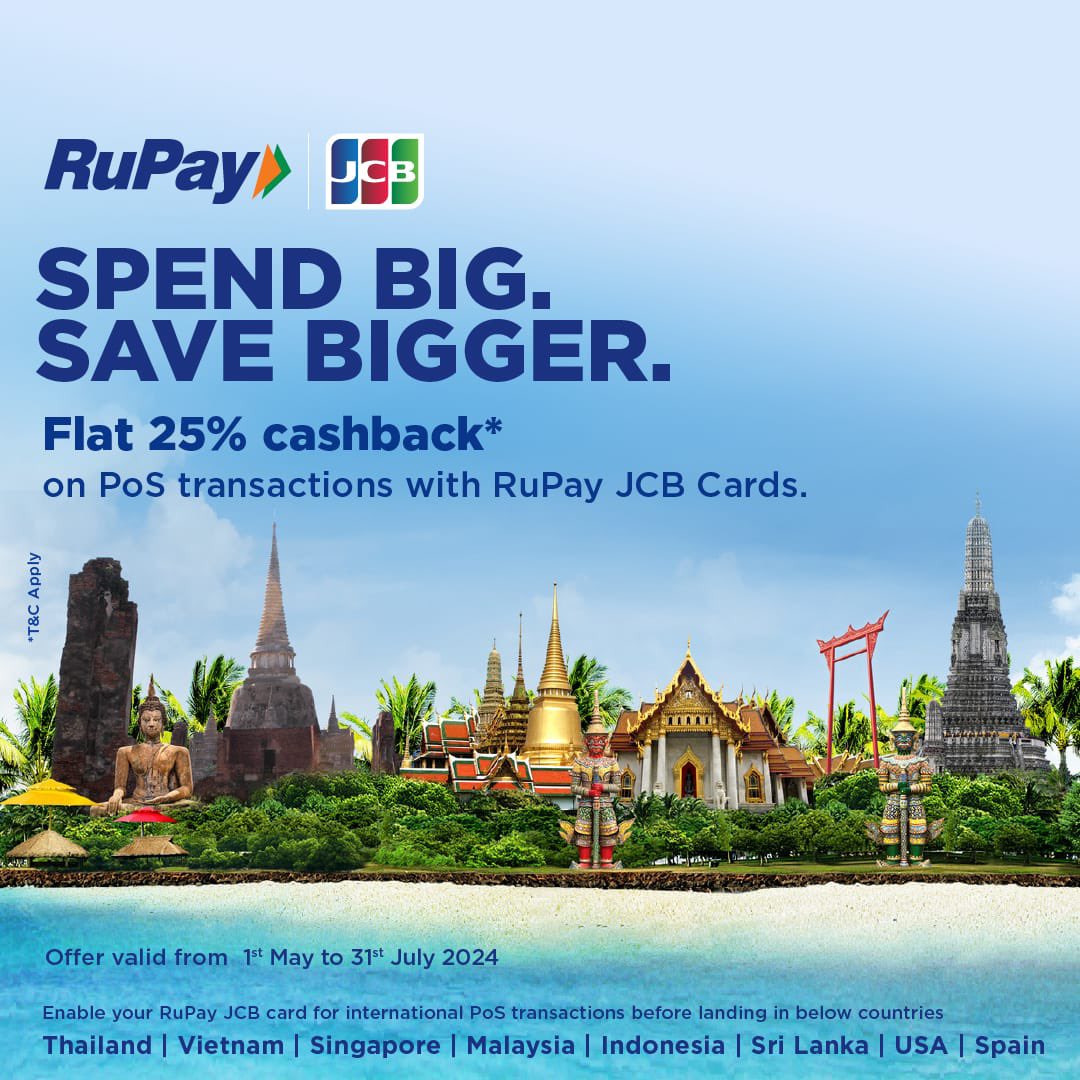 Jetsetters, rejoice! ✈️ Get ready to explore exotic destinations with your RuPay JCB card and enjoy 25% cashback on all transactions in Thailand, Vietnam, Singapore, Malaysia, Indonesia, Sri Lanka, USA, and Spain from May 1st to July 31st! Don’t forget to enable your card for