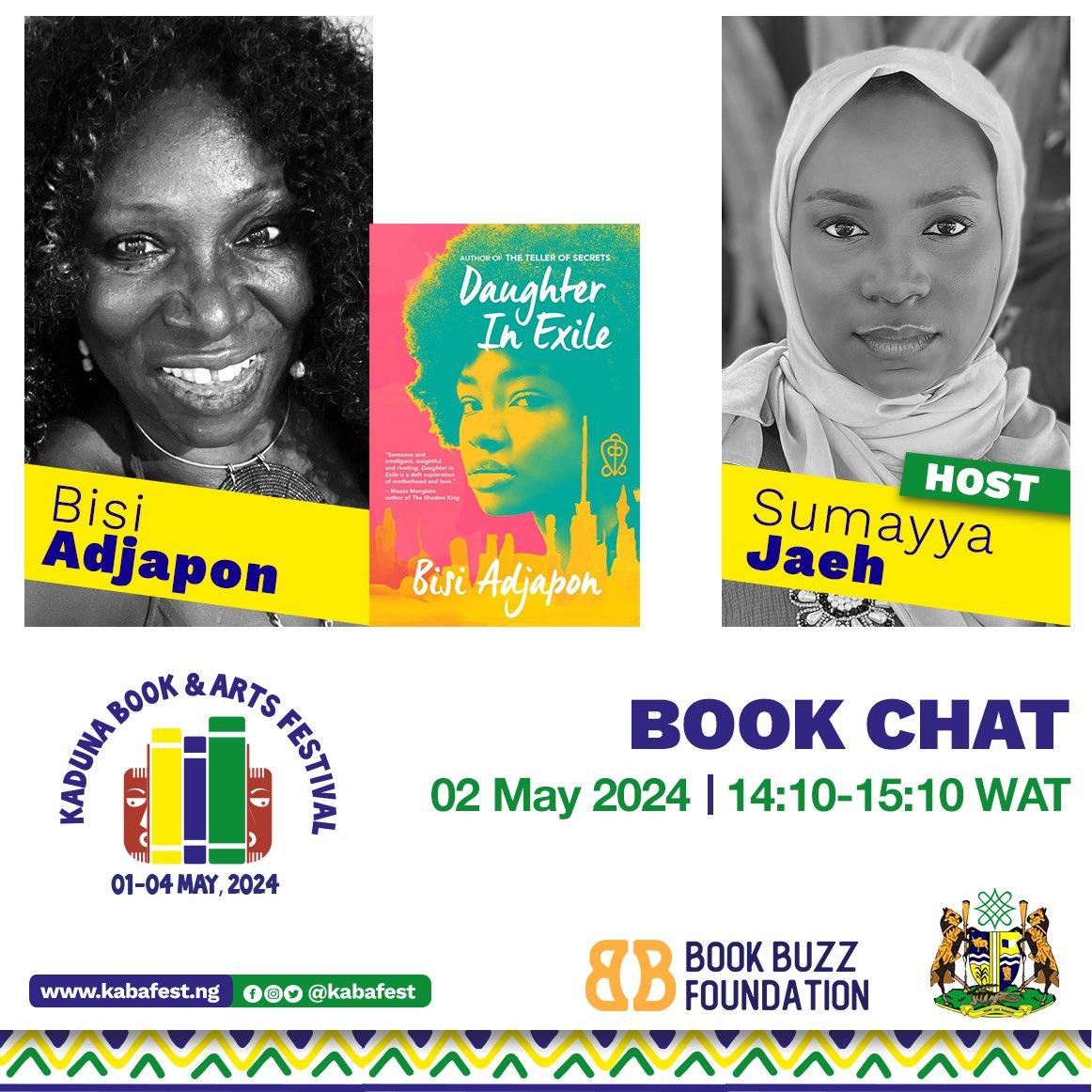 Happening Now: Book Chat ‘Daughter in Exile’ with author @bisiadjapon moderated by @SumayyaJaeh Watch live on youtube here 👇 youtube.com/live/JaiA7fPEW… #Kabafest #Kabafest24
