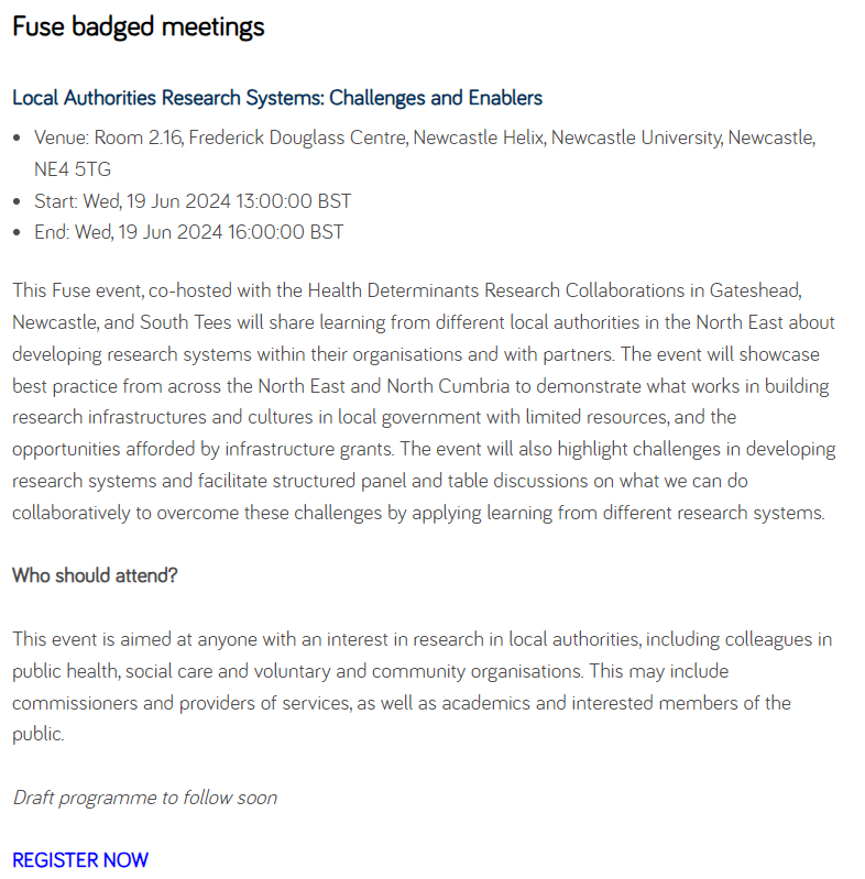 New Fuse event: Local Authorities Research Systems: Challenges and Enablers Wed, 19 Jun 2024 13:00 to 16:00 Newcastle upon Tyne in person! Register now, limited places available. fuse.ac.uk/events/otherev…