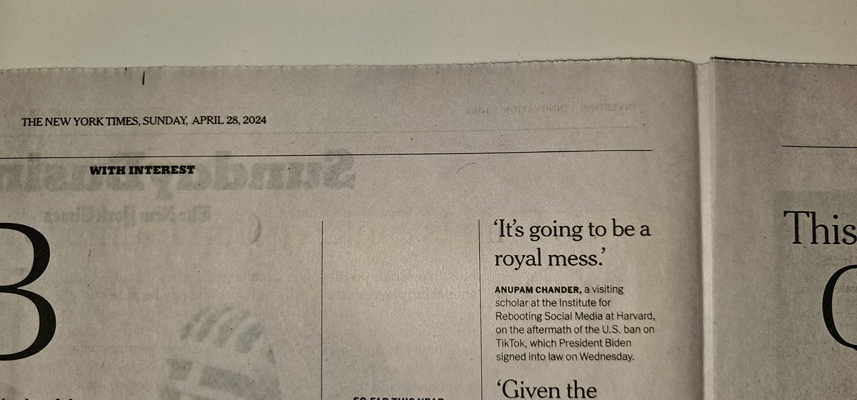 My quote in the @nytimes about the TikTok Law was highlighted in the business section of the Sunday paper.
