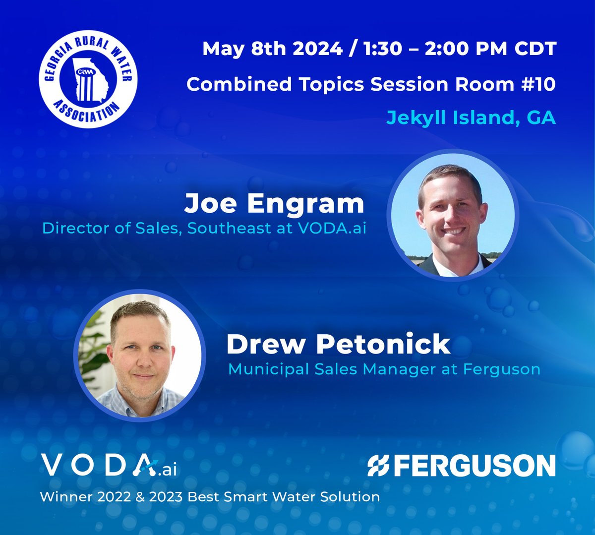 Catch Joe Engram of @VODAai & Drew Petonick of Ferguson discussing AI & water infrastructure at #GRWASpring!

🗓️ May 8 | 🕜 1:30-2:00 | Room #10  
📝 Talk: 'Prioritizing Water Infrastructure with AI' 
🔗 Meet Joe: calendly.com/joe-mfq/30min?…

#Innovation #WaterTech #AI