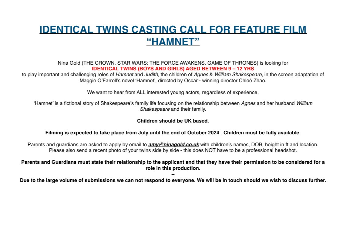 📣CASTING CALL📣 We are looking for identical twins (9-12 years old) for the screen adaptation of HAMNET. See flyer below for info. PLEASE RT