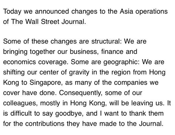 🇭🇰📰 @WSJ culls jobs in Hong Kong in pivot to Singapore regional hub. (via: @lmoses)