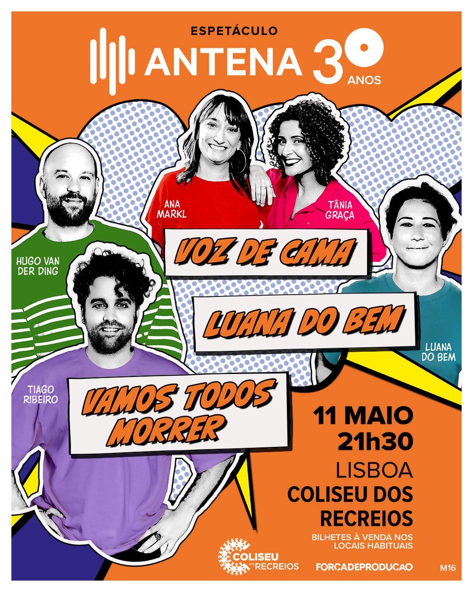 Continuamos a celebrar os #30AnosAntena3 com os ouvintes! No próximo dia 11, a rádio sobe ao palco do Coliseu de Lisboa com os espetáculos ao vivo das rubricas #VamosTodosMorrer e #VozDeCama. Tudo a partir das 21h30, com 'moderação' da @luanadobem! 👉 antena3.rtp.pt/agenda/30-anos…