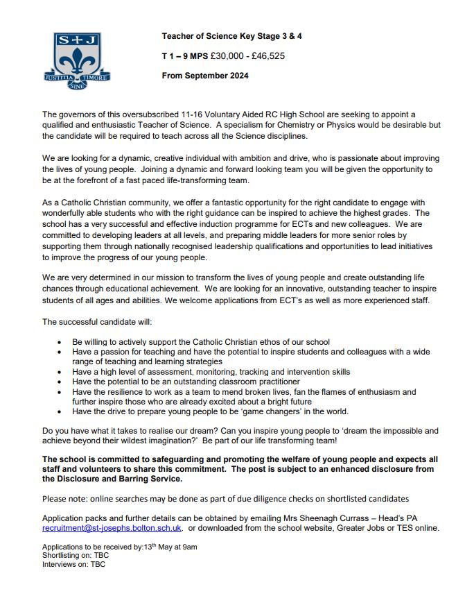 An opportunity to join our school family as a Teacher of Science.