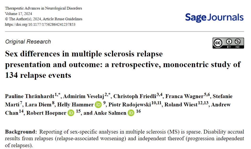 🧠 Explore sex differences in MS relapse outcomes in this latest study led by researchers from @unibern. Discover insights from our analysis of 134 relapse events, revealing factors shaping recovery and prognosis. Read more: journals.sagepub.com/doi/full/10.11…