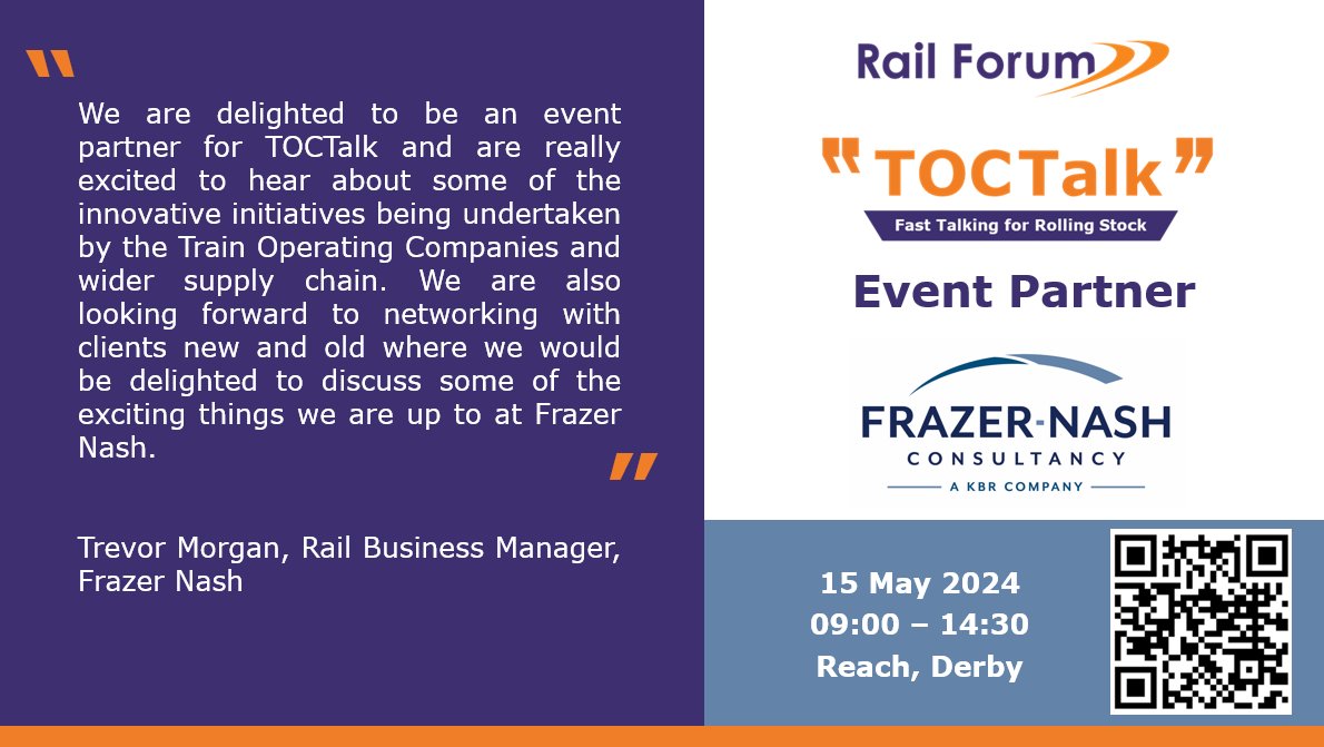 We are delighted to have Frazer Nash Consultancy as an event partner for #TOCTalk on 15th May in Derby. Read their great quote below 👇 For more information about the event visit ➡️ railforum.uk/events/toctalk… #RFevent #networking #rail