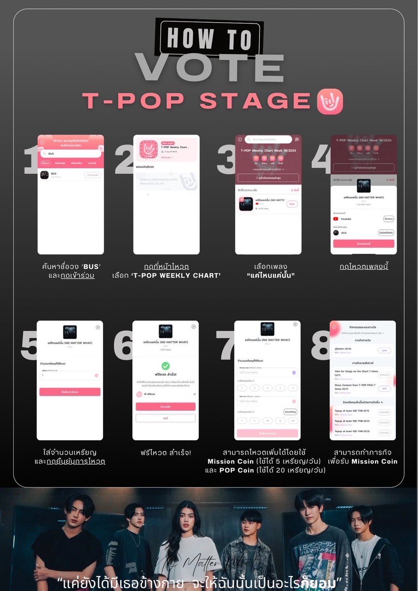 ขอเชิญชวนแฟนคลับร่วมโหวต เพลง แค่ไหนแค่นั้น ( NO MATTER WHAT) ของ BUS5 กันค่ะ🤩 How to vote T-POP 📥 —• โหวตฟรี 1 ครั้ง/วัน —• สามารถเพิ่มยอด โดยการเติม Mission Coin 5 เหรียญ/วัน Pop Coin 20 เหรียญ/วัน #BUS_แค่ไหนแค่นั้น_MV #BUS5UNIT #BUSbecauseofyouishine