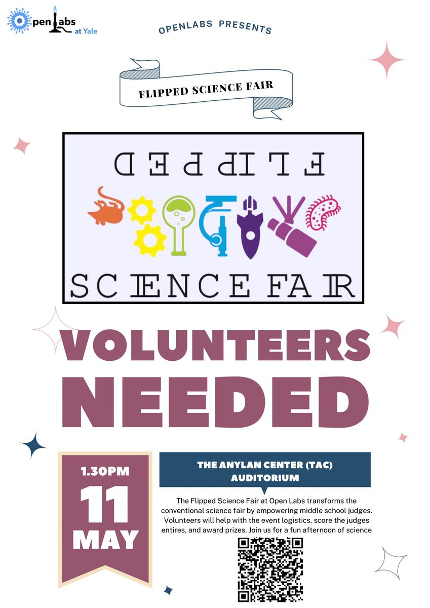 OpenLabs need volunteers for the Flipped Science Fair happening on May 11th from 1:30-4 PM! The event will host 23 poster presenters and over 80 middle school students. buff.ly/3WG3eNl #YalePostdoc #ScienceFair #FlippedScienceFair